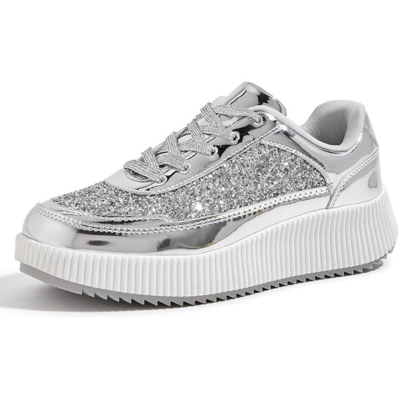 Lucky Step Shoes - Lucky Step Women's Silver Platform Sneakers Rhinestone Fashion Chunky Shoes
